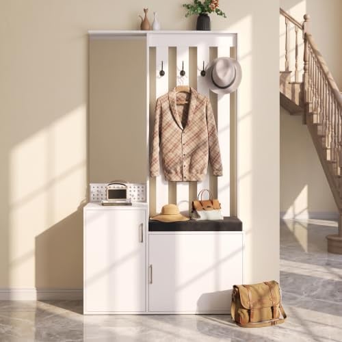 Porte-Manteau de Couloir avec Banc de Rangement Rembourré 40x100x180cm, Meuble à Chaussures de Couloir Multifonctionnel avec Patère, vestiaire d'entrée Moderne avec Miroir
