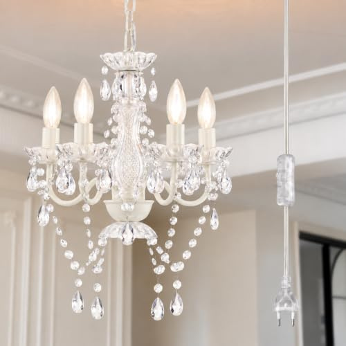 Alighting Kronleuchter Weiß mit Stecker 4-flammig | Kleiner Acryl Kronleuchter mit Kristalloptik Ø41cm, Pendelleuchte für Kleine Räume, Schlafzimmer, Flur, E14