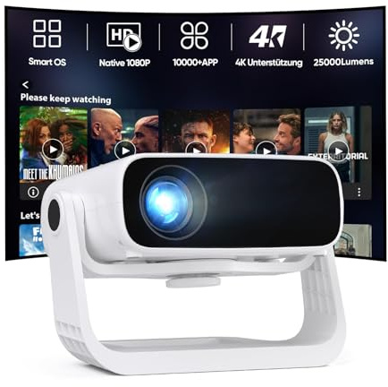 2026 Neuer Upgraded Smart Beamer Full HD 1080P, 25000 Lumens, Android 11,Integrierte Apps, 4D Trapezkorrektur,WiFi 6 & BT 5.2, Heimkino 4K Beamer mit 120° drehbarem Ständer für iOS/Android/Laptops