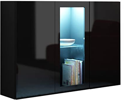 Kommode Vigo Sideboard mit Glasboden und 3 Türen, Highboard, Anrichte, Schrank, Mehrzweckschrank, Wohnzimmerschrank (Schwarz/Schwarz Hochglanz, ohne Beleuchtung)