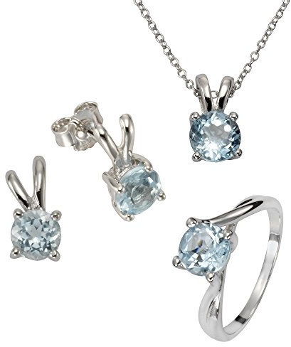 Zeeme Gemstones Damen Set Anhänger, Kette, Ohrstecker + Ring 925/- Sterling Silber 42+3cm Glänzend Blautopas beh. weiß 500201518
