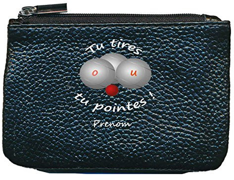 Petit Porte Monnaie en Cuir Porte cles Noir Petanque avec prenom