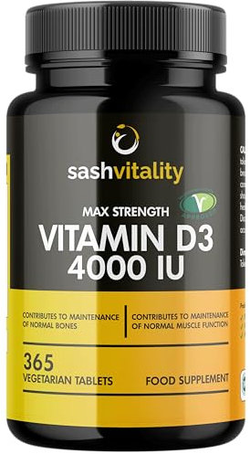 Vitamin D3 4000 IU – 365 Vegetarian D3 Easy Swallow Micro Tablets | Highest Strength Cholecalciferol VIT D3 - Vegetarian Certified - UK Made Sash Vitality | Support Mood | Supports Bone Health