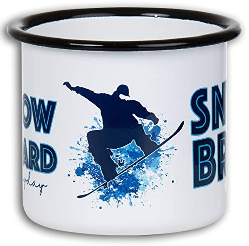 MUGSY Emaille Tasse, Snowboard-Motiv, 300ml, leicht & robust, Tasse für Wintersport-Fans
