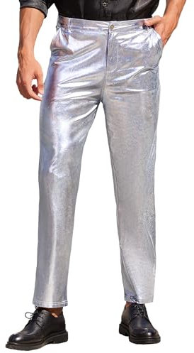Coofandy Herren-Hose, metallisch, glänzend, Nachtclub, 70er, 80er, 90er, Disco-Hose, Party, Tanz, gerades Bein, 01-Luxurious Silver, XXL