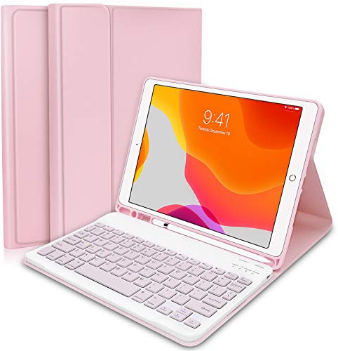 Keyboard Case for iPad 10.2 9th Generation 2021 / 8th Gen 2020 / 7th Gen 2019 / Air 3rd 2019 / iPad Pro 10.5 2017 - Slim Protective Case with Apple Pencil Holder Wireless Detachable Keyboard (Pink)