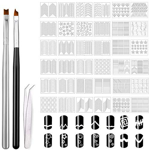 MWOOT 1275 Nailart French Schablonen für Gelnägel, Nagelsticker Set mit 2 DIY Nageldesign Pinseln, Nagelkunst Zeichnen Aufkleber Kit, French Form Guides Nail Stickers