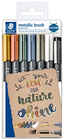 STAEDTLER 8321 TB7 Design Journey Metallic Brush Pen, 1-6mm Line Width - Assorted Colours + Pigment Liner (Wallet Of 7)