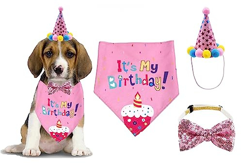 Hund Geburtstag Party Supplies, Hund Bandana Junge Mädchen Welpen Geburtstag Hut Schal Fliege Kragen mit Happy Birthday Banner Flagge für Haustier Hund Welpen Katze (Rose)