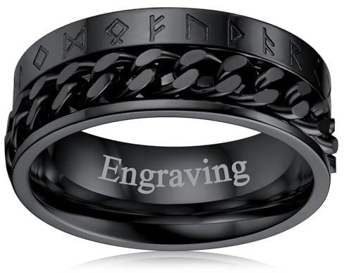 FaithHeart Schwarz Fingerring mit Rune Symbol Panzerkette Spinnerring zum drehen Punk Fingerring Partnerring Ehering für Valentinstag Weihnachten