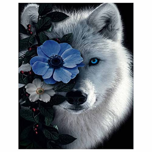 DAERLE Diamond Painting Set Wolf Diamant Painting Bilder 5D Diamant Painting Painting Kinder DIY malen nach Zahlen Erwachsene Runden Diamanten Dekoration und Geschenk 30x40cm Wolf und Blaue Blume
