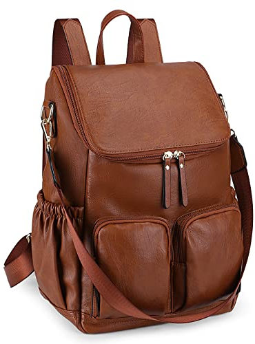 UTO Damen Rucksack Leder Synthetik Daypack Rucksackhandtaschen Modischer Multifunktionsrucksack Vielen Fächer Große Kapazität Tagesrucksack Reißverschluss für Reise Schule Arbeit Braun