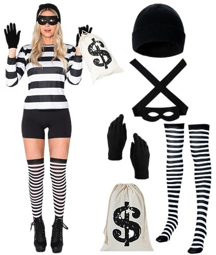 Spooktacular Creations Erwachsene Frauen Räuber Kostüm Set mit Hut Hemd Maske Handschuhe Socken Tasche für Halloween Dress Up Cosplay Mottoparty-L