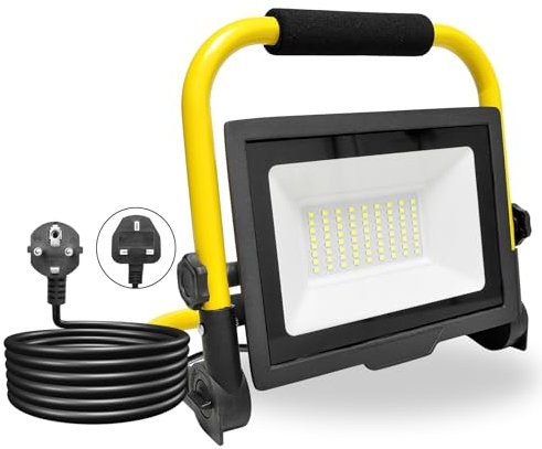 PICAA 50W Projecteur de Chantier LED avec Prise, 5000LM Lampe d'extérieur Pliable Portable Projecteur Led, Rotation à 360° Pour Travaux d'atelier, Garage, Terrasse, Jardin, Etanche IP66 6000K Blanc
