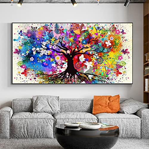 Abstraktes Aquarell Baum des Lebens Leinwand Gemälde Kunst Poster und Drucke Wandkunst Bilder für Gang Home Decor 60 x 120 cm (24 x 47 Zoll) mit Rahmen