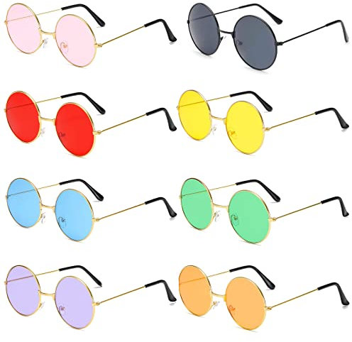 BOZILY 8PCS Hippie Specs Sonnenbrille Runde Hippie Retro Sonnenbrille Runde Sonnenbrille mit Metallrahmen Retro Hippie Stil Sonnenbrille 60er 70er Jahre Stil Kreis Retro Brille für Hippie Kostüm