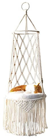 Zceplem Macrame Cat Bed - Hanging Pet Hammock, Woven Ceiling Swing Bed With Tassel, 30 * 85cm