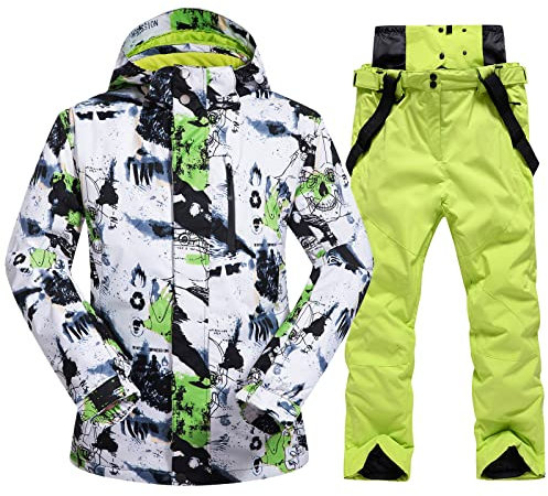 Herren-Skijacke und Hose, Skianzug, Winter, wasserdicht, winddicht, mit Kapuze, Schneemantel, 2-teilig, Snowboard- und Schneeanzüge, Grün , Medium