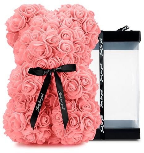 TANNESS 25cm Rose Bear with Transparent Gift Box & Black Ribbon, Rose Petals Teddy Bear Presents for Women, Artificial Flowers Rose Bear Valentines Gifts for Her - Gifts for Girlfriend (Baby Pink)