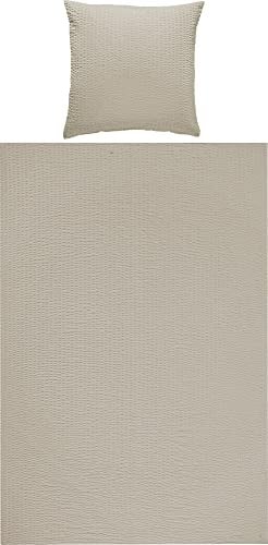 REDBEST Bettwäsche, Bettgarnitur Seersucker Uni Detroit Taupe Größe 80x80 cm / 155x220 cm - weich, schnell trocknend, bügelfrei, mit Reißverschluss