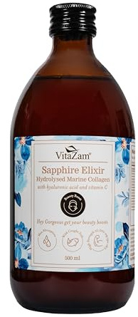 Sapphire Elixir: Marine Collagen Liquid 10000mg with Hyaluronic Acid, Biotin, Silica, Vitamin B, C, D3, Sugar-Free for Skin, Hair, Nails, Joints, Muscles, 500ml