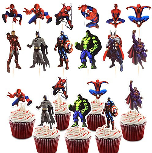 Avengers Cupcake Topper, 48 Stück Superheld Cake Toppers, Avengers Muffin Deko, Cake Topper Geburtstag Partydekorationen, Kuchen Dekoration Junge, Superheld Kuchen Deko für Kinder