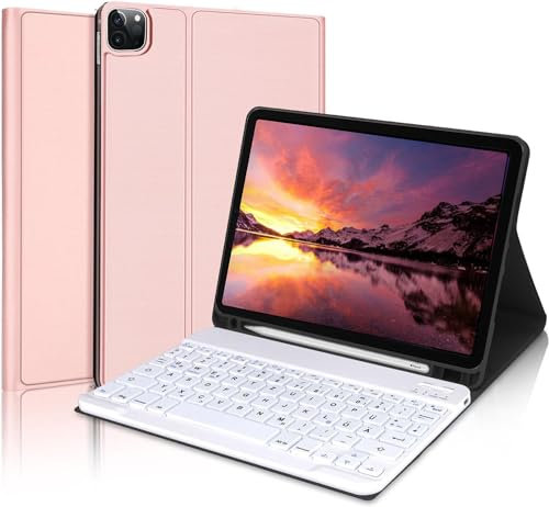AVNICUD Tastatur Hülle für 10,9 Zoll iPad Air 5 /iPad Air 4 /iPad Pro 11 Zoll(1, 2, 3 und 4 Generation) - TPU-Rückseite Case mit Stifthalter, Abnehmbarer Bluetooth Keyboard QWERTZ Layout, Roségold