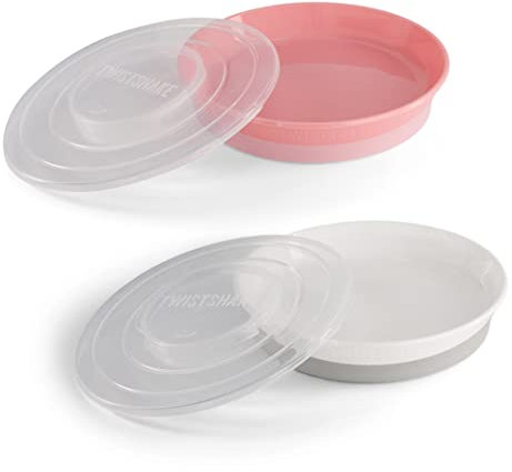 Twistshake 2x Assiette | Assiette pour Bébé avec Couvercle Hermétique | Assiette de Sevrage pour Bébé sans BPA | Assiette de Formation Alimentaire | Plaque D'apprentissage pour Enfants | Rose Blanc