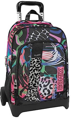 COMIX FLASH - Zaino Con Trolley Staccabile e Regolabile in Altezza, con Manico e Spallacci a Scomparsa, Ampio Vano - Zainetto Bambina e Bambino con Etichetta Nome e Zaino Scuola, Rosa/Nero, 32x52hx23