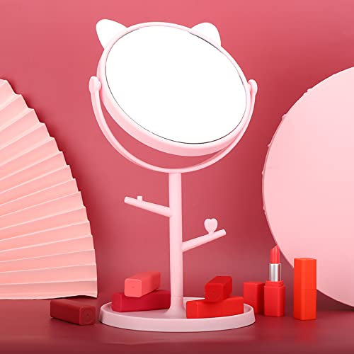 Cosmetic Mirror, Adjustable Fashionable Cute Desktop Makeup Mirror Household Rotatable Cosmetic Mirror With Tray (cat ears pink)