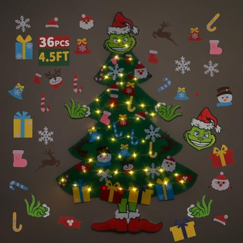 Albero di Natale in feltro da 1,4 m per bambini con luce LED e 37 ornamenti, decorazioni natalizie fai da te con velcro Montessori - 1,4 m