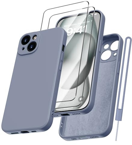 Kukiwhy für iPhone 15 Hülle Silikon mit 2 Stück Panzerfolie, Hanyhülle für iPhone 15 5G Dünn Slim mit Microfiber, Kratzfeste stoßfeste Rundumschutz Schutzhülle für iPhone 15 Case 6.1''-Blau Grau