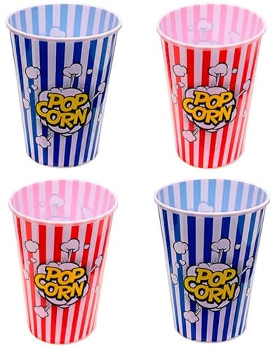 Tradineur - Pack de 4 cubos de palomitas de plástico, bol, recipiente, estilo vintage, cine en casa, 18 x 15 cm, color aleatorio