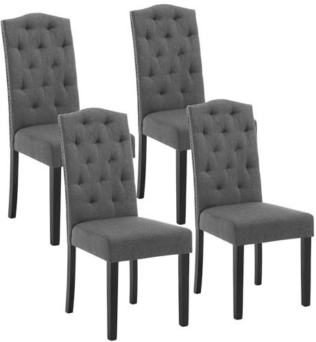 Lestarain Chaise Salle à Manger, Lot de 4, Chaise Scandinave, Chaise de Cuisine avec Dossier Haut, Assise Rembourrée, Revêtement en Lin, Pieds en Bois Massif, Gris Foncé, LCNI120001-4