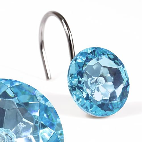 Teal Kristall-Duschvorhanghaken: Glitzernde Glanz Funkelnde Runde Diamant-Dekorative Duschvorhanghaken für das Badezimmer - Luxuriöse Glamouröse Strass-Duschvorhangringe - Set von 12