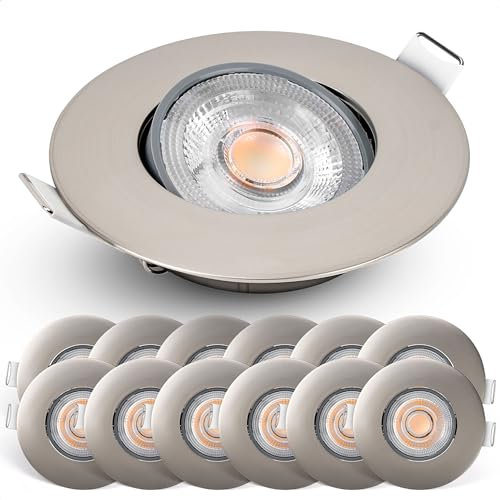 EMOS LED Einbaustrahler 230V dimmbar, 4,9W / 480lm, 50° schwenkbar, warmweiß 2700K | Set mit 12 Stück Einbaustrahler LED Spot ultraflach, rund | Deckenspots LED dimmbar für Innenräume, Farbe silber