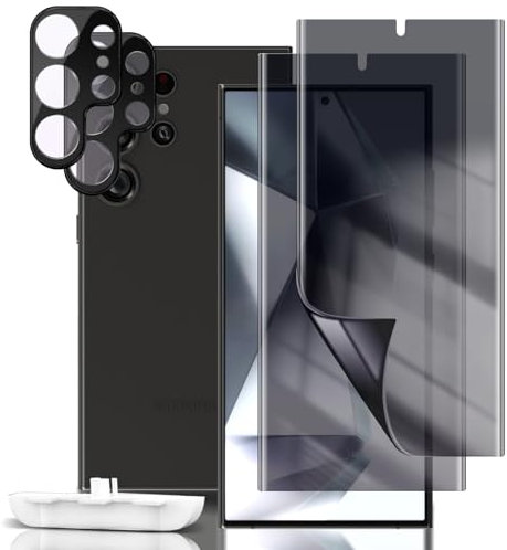 LanQii Anti-Espion Protection Écran Compatible Samsung Galaxy S24 Ultra, [2+2 Pack] TPU Privacy Confidentialité Protecteur D'écran Hydrogel + Verre Trempé Caméra Arrière Film pour Galaxy S24 Ultra