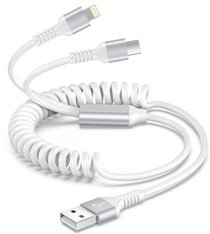 USB C und Lightning Spiralkabel 2 in 1, Multi Ladekabel Schnell iPhone Ladekabel Auto -1.2M, USB Lightning Kabel für iPhone 16/15/14/13/12/11/Pro/XS, USB Typ C für Samsung Galaxy S10,Huawei