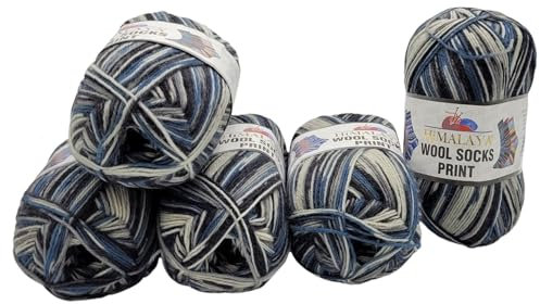 5 x 100 Gramm Himalaya Socks Print Sockenwolle mehrfarbig, 75% Merinowolle, 500 Gramm Wolle für Stricksocken und Strümpfe (grau blau weiss s49-07)