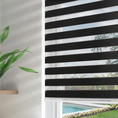 Apex Furnishings Zebra Day and Night Blinds Dual Layer Fabric Opaque & Translucent Easy Fit Zebra Blind for Windows and Door Black Roller Blinds (174cm X 210cm)