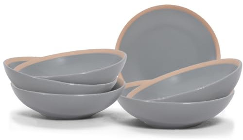 Ard'time - Lot de 6 Assiettes Creuses, Assiettes en Porcelaine Unies et Grises, Chic et Sobre, Contenance 1200ml, Adapté Lave-Vaiselle et Micro-onde, Design ethnique, Collection ESLOV