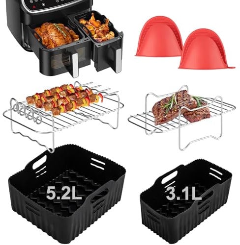 Air Fryer Accessories Compatible for Tefal 5.2L/3.1L, Lakeland 5L/3L, Tower T17099 5.2L/3.3L, Salter 5.5L/3.5L Different Two Size Dual Airfryer, Reusable Silicone Air Fryer Liners, Air Fryer Racks