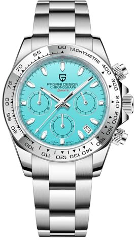 Pagani Design Herrenuhr Saphirglas Chronograph Edelstahl Wasserdicht Leuchtende Uhr Japanisches Uhrwerk Herren Quarzuhr Uhr für Männer（Stahlband blau）