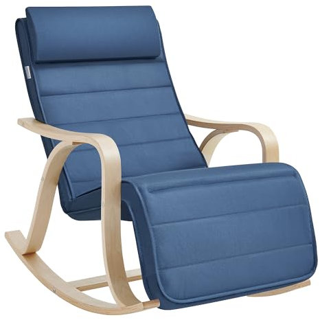 SONGMICS Mecedora, Sillón Tumbona, Madera de Abedul,Reposapiernas, Ajustable en 5 Posisiones, Funda Lavable, Capacidad de Carga de 150 kg, Azul Medianoche LYY041Q01