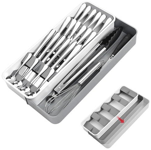 BORDEAG Besteckkasten für Schubladen, 2 Fächer Schubladen Besteckkasten, Erweiterbarer Besteckeinsatz für Schubladen, Besteck Organizer, Besteckeinsätze für Löffel, Gabeln, Messer