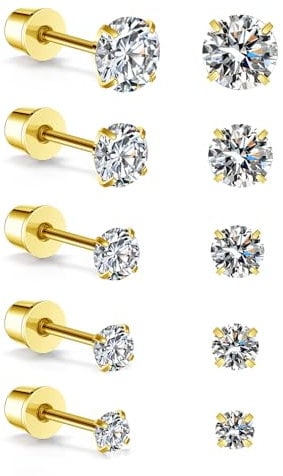 AllerPierce Gold Stud Earrings for Women Girls Cubic Zirconia Earring Studs 5 Pairs Hypoallergenic Stainless Steel Screw Back Stud Earrings Piercing Jewellry Gifts for Women Men 3/4/5/6/8 mm
