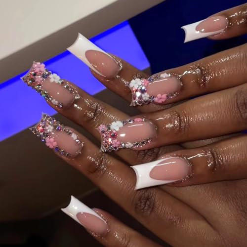 Faux Ongles Long MouyouGlow,Ballerine Rose Nude Blanc French 3D Diamant Fleurs Gyaru Y2K Coquette Press on Nails avec Colle à Ongles,Flowers White Tips Sweet Fake Nails