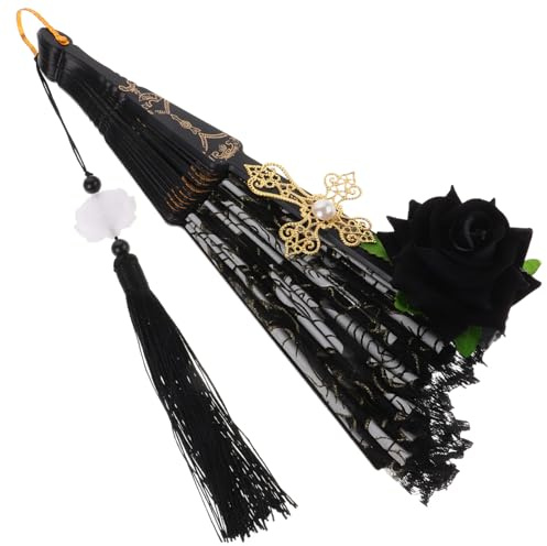 NUOBESTY Handmade Mesh Lace Fan Black Rose Design Folding Hand Fan for Festival Photo Prop Durability