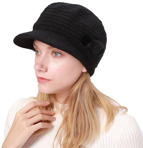 Huakunda Damen Strickmütze Barette Winter Weichem Innenfutter Wollmütze Frauen Beaniemütze Warme Schirmmütze Mama Grobstrick Baskenmütze (DE/NL/SE/PL, Alphanumerisch, Einheitsgröße, Schwarz)