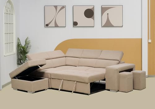 Grey-Beige-Black Fabric Multi-functional L Shape Corner Sofa Bed-Cheap Left & Right Suite set With Storage And Stools & Ottoman for Livingrooms (Beige, Right Hand Side)